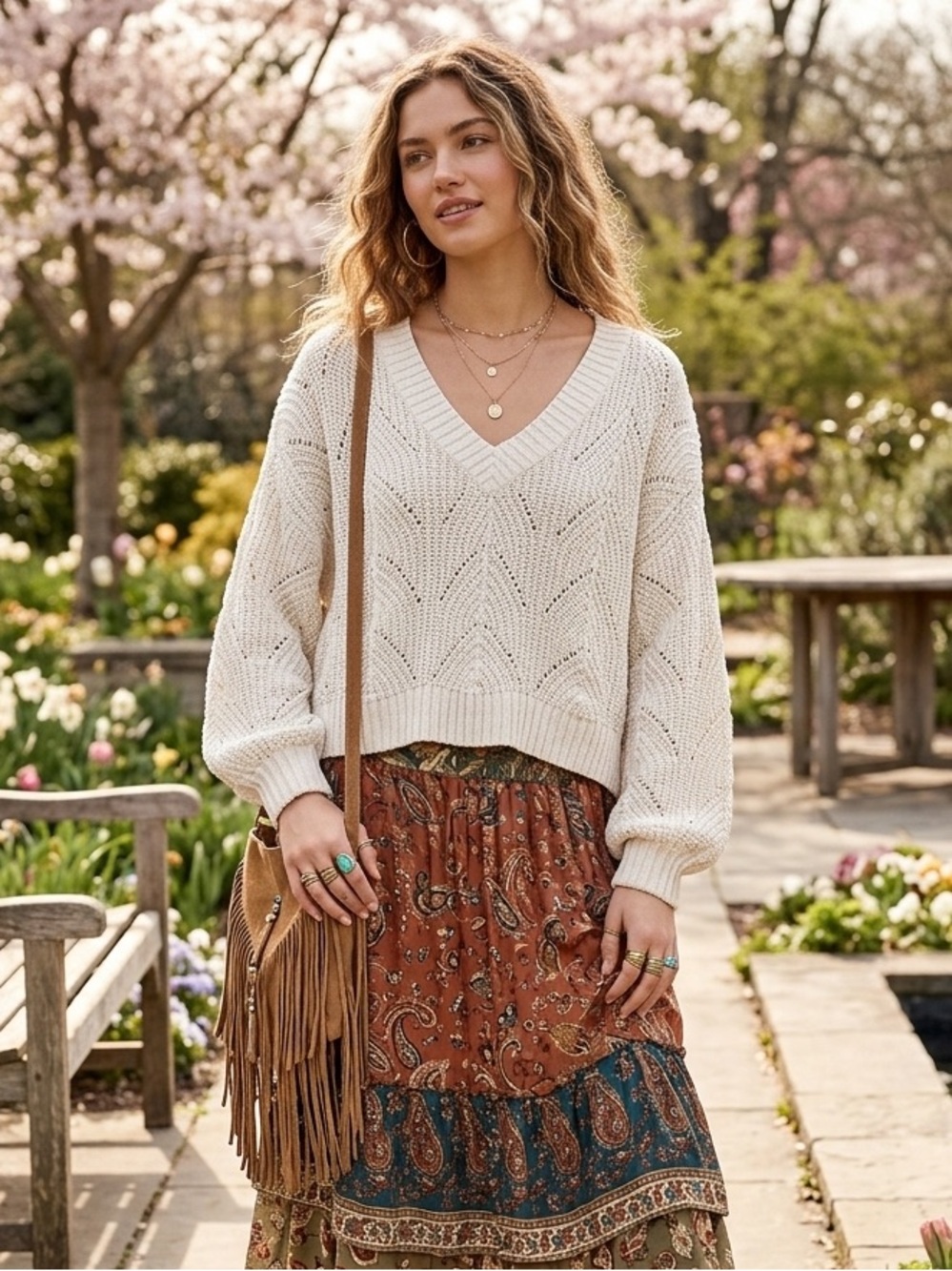American Eagle Cream Pointelle V-Neck Crop Oversized Sweater M‎ Soft Girl Boho